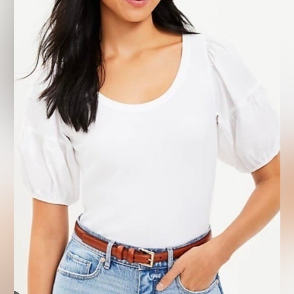 LOFT Puff Sleeve Mixed Media Top